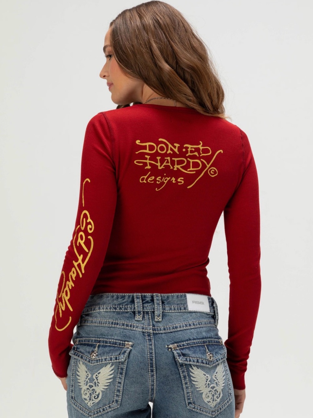 Women’s Ed Hardy Crawling Tiger Thermal Top Long Sleeve Tee - Wine - Size Large - Picture 2 of 12